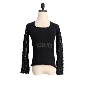 Crochet Sweater S Black Babydoll Y2K Hippie Whimsigoth Boho Goth Cutout Top 90s